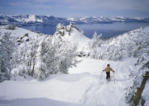 Skiing above Lake Tahoe